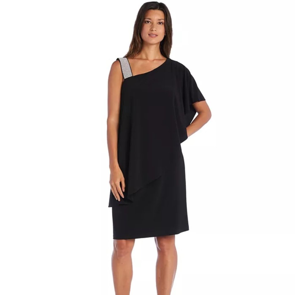 R&M Richards Asymmetric Knee-Length Dress With Draped Shoulder & Diamante Strap